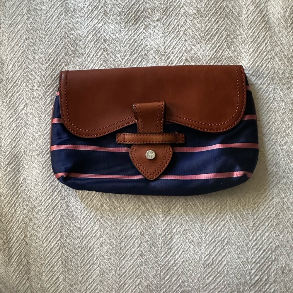 Brooks Brothers Silk and Leather Striped Pink and Navy Clutch